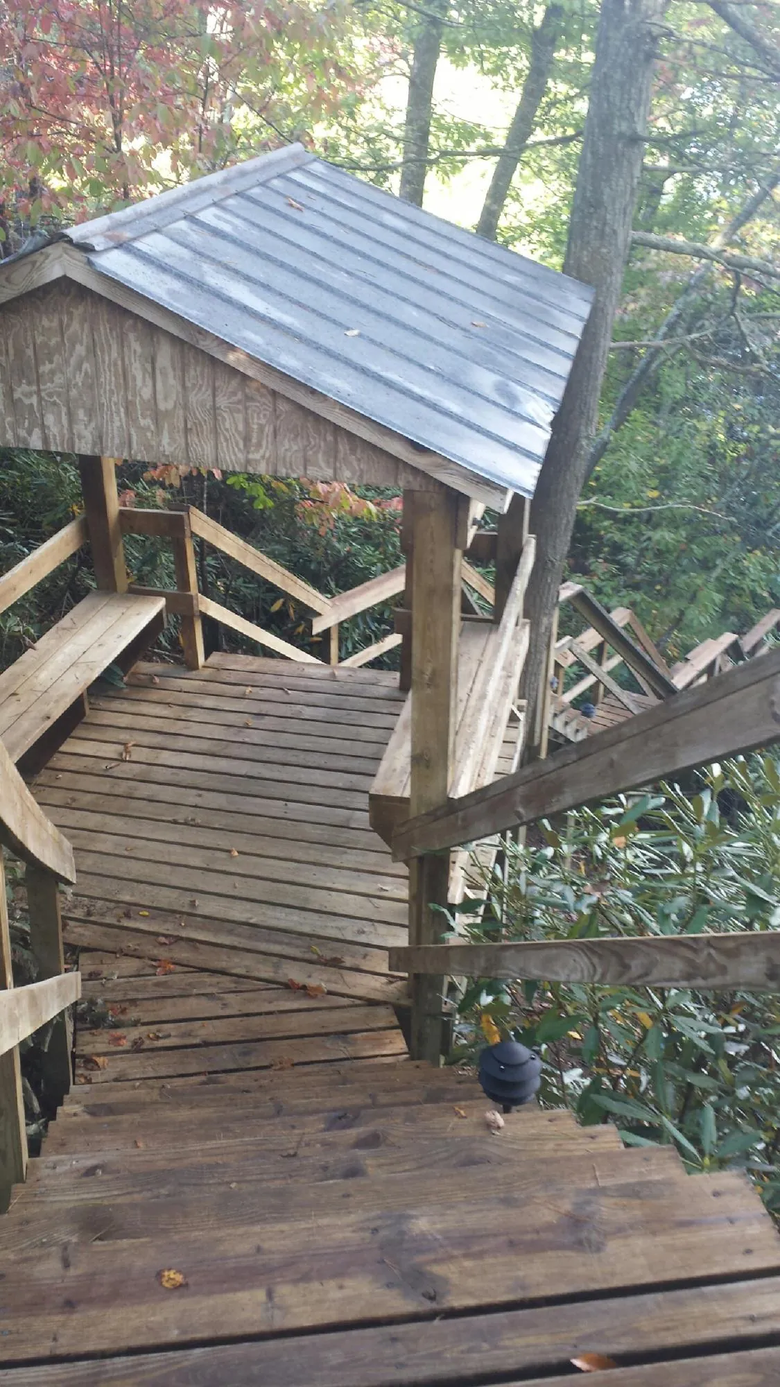 Metal roofed shelter over wooden steps on a wooded walkway — Skylight Repair & Installation work by our crew in Pekin